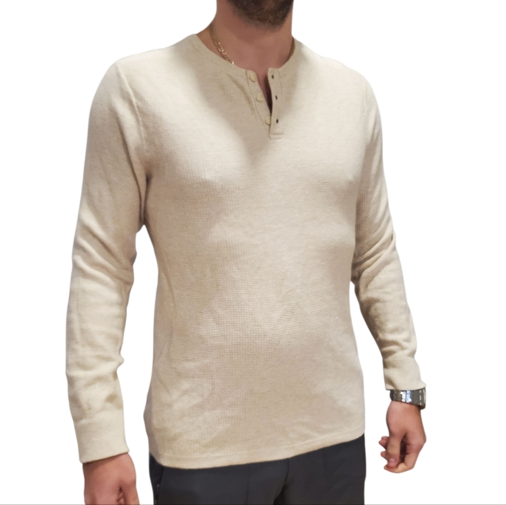 Daniel Bishop Cashmere Cotton Waffle Crew Neck Henley Long Sleeve Shirt